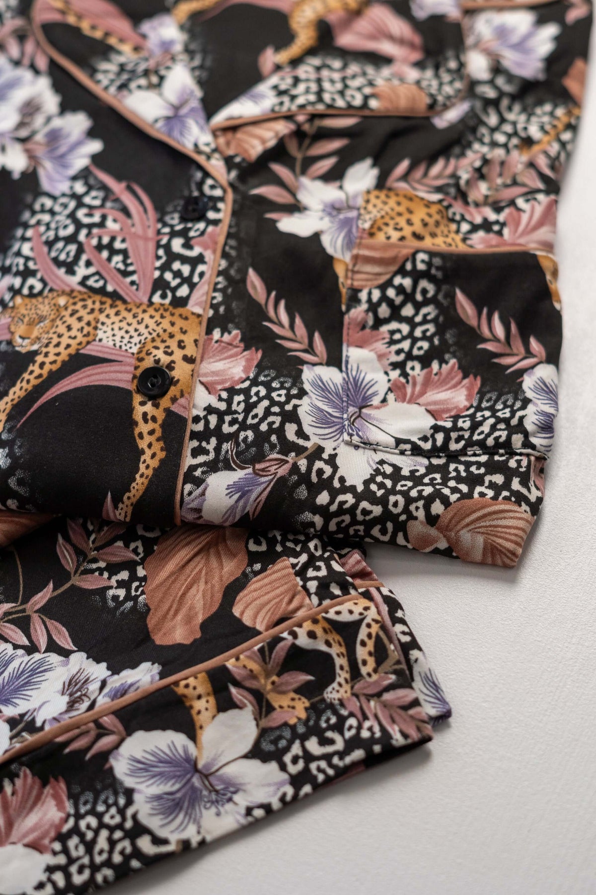 Black Pajamas with Floral & Leopard Print 