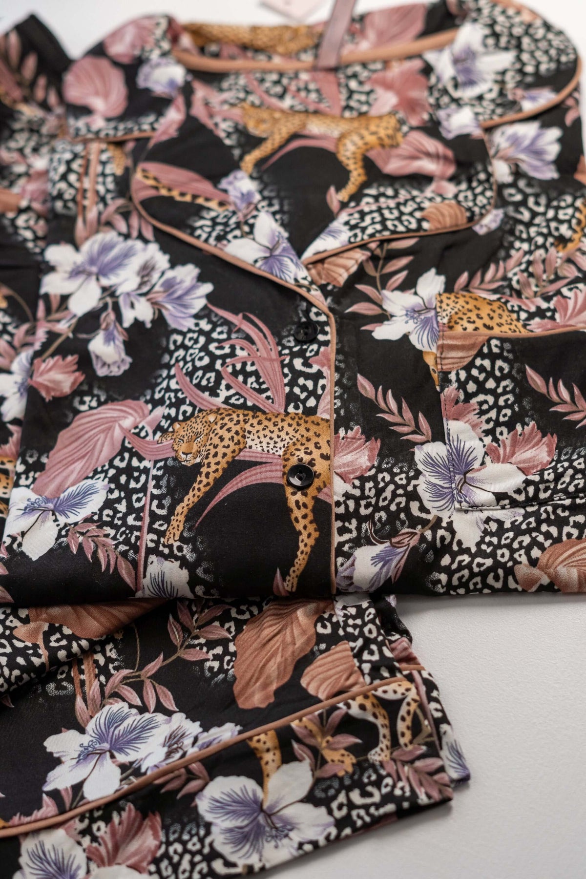 Black Pajamas with Floral & Leopard Print 