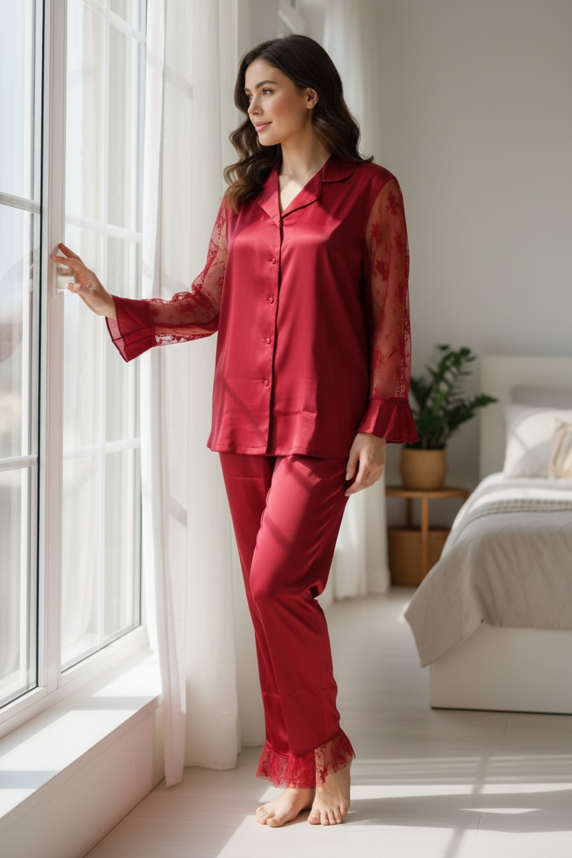 Κόκκινη σατέν πιτζάμα με λεπτομέρειες δαντέλας