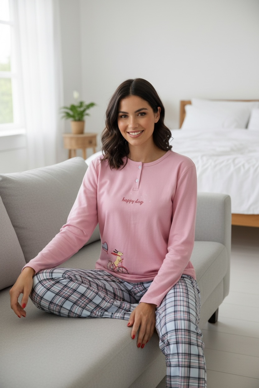 Πιτζάμα Ροζ Happy Dog με Καρό Παντελόνι