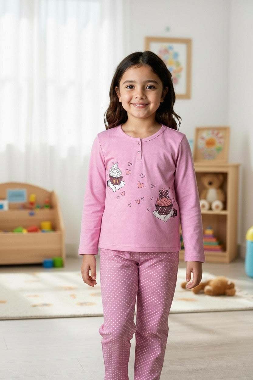 Παιδική πιτζάμα ροζ μπλούζα με σχέδια cupcakes και ροζ παντελόνι με πουά