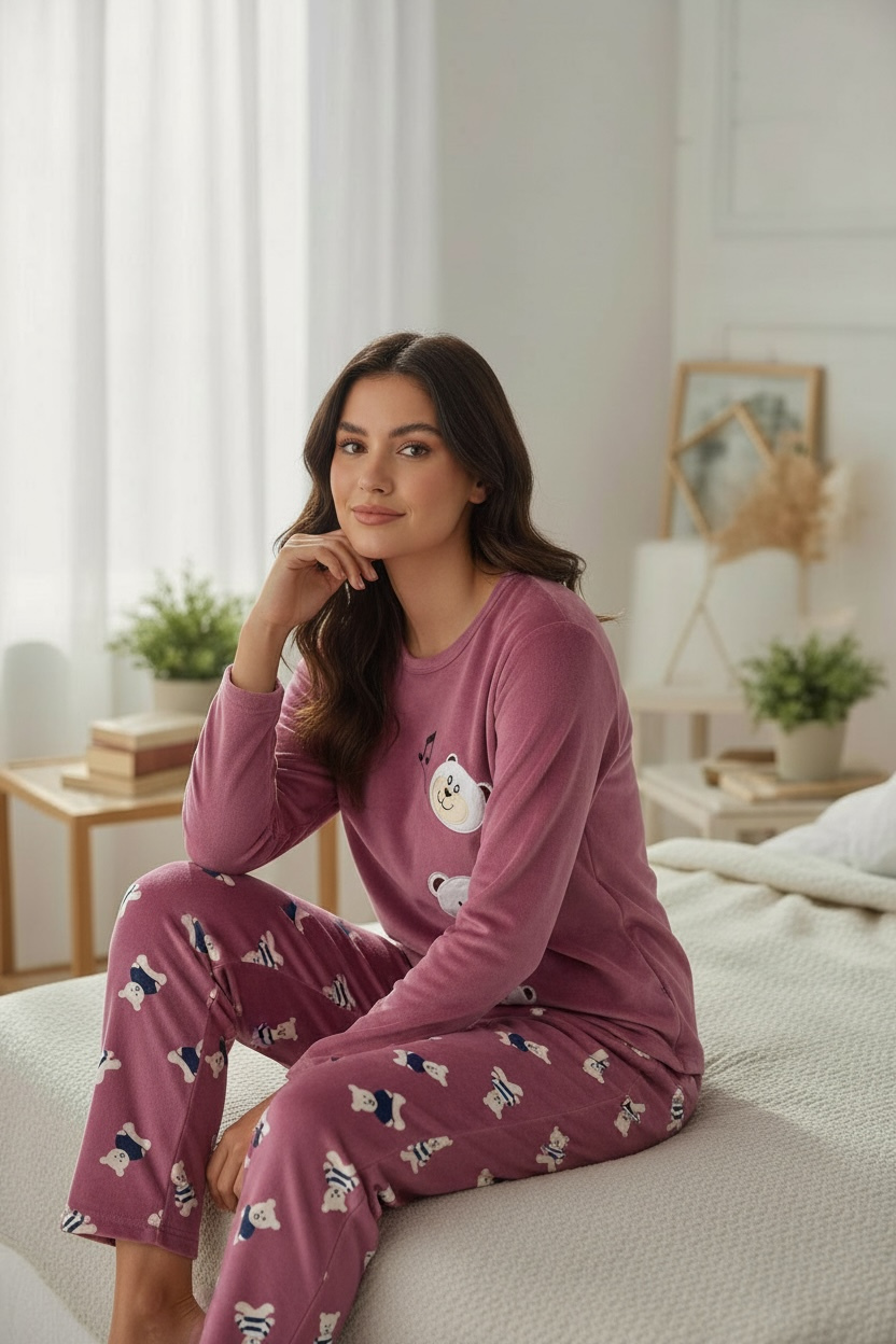 Ροζ βελούδινη πιτζάμα με αρκουδάκια