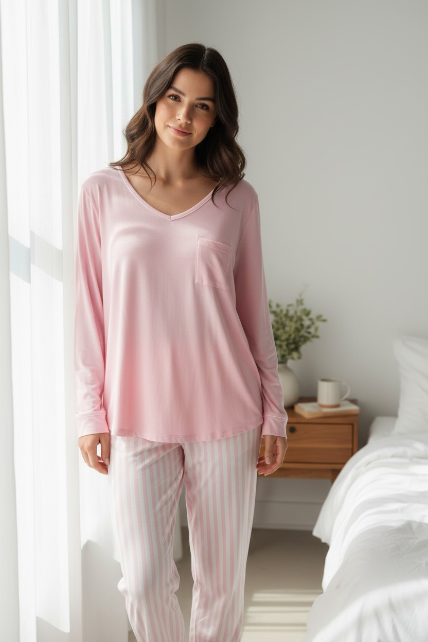 Ροζ πιτζάμα με ριγέ παντελόνι