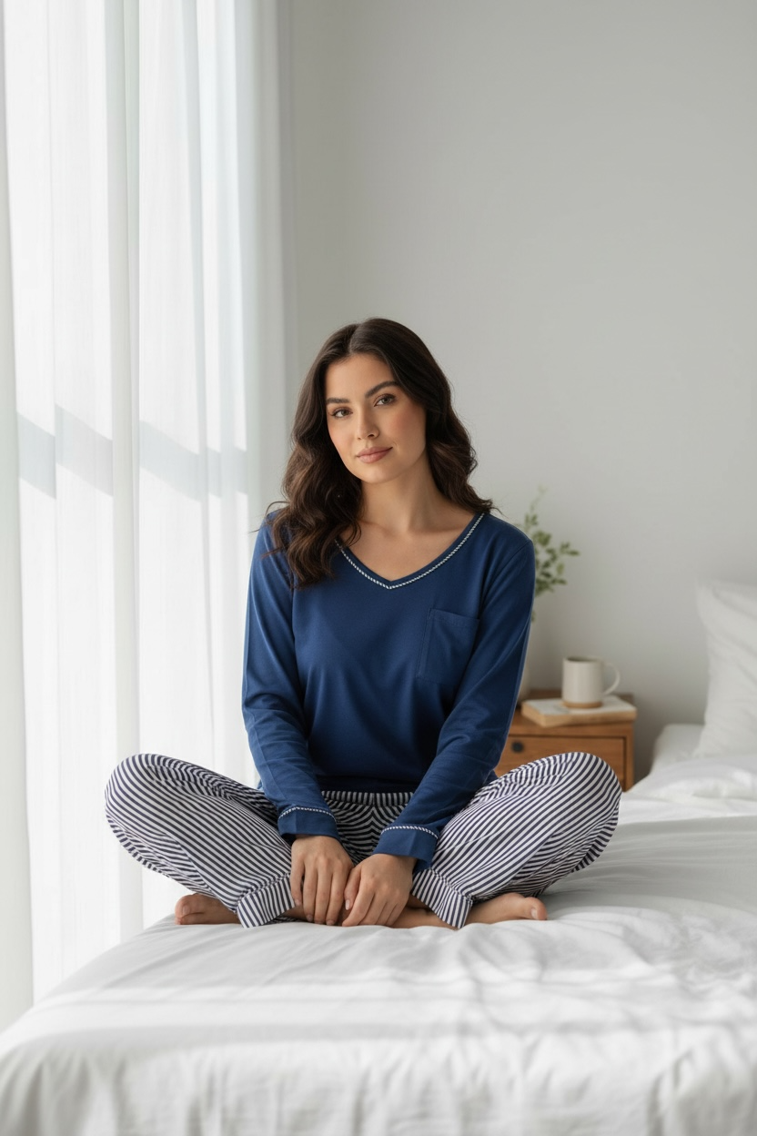 Μπλε πιτζάμα με ριγέ παντελόνι