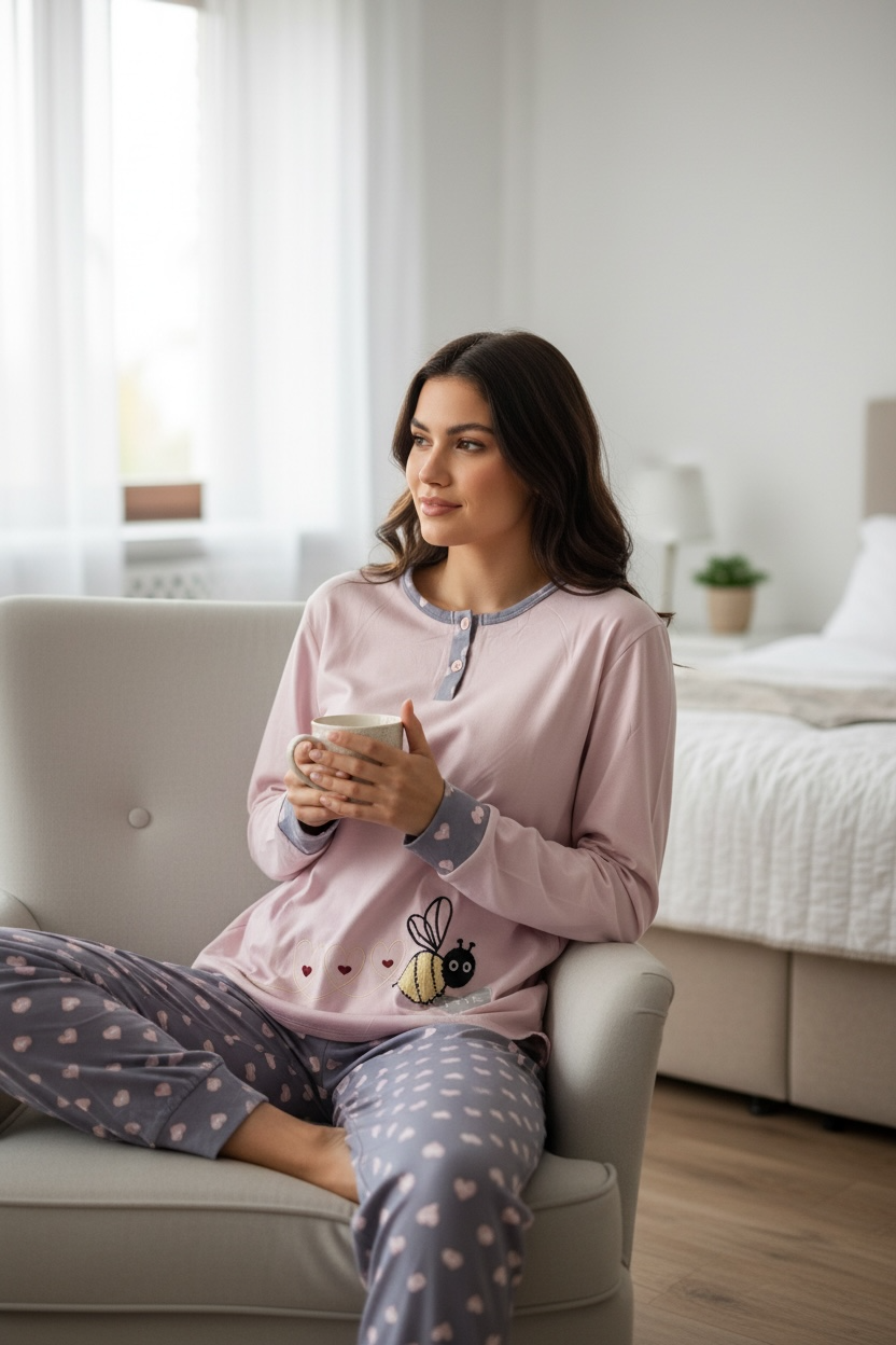 Γυναικεία Πιτζάμα Ροζ με Μέλισσα & Καρδιές