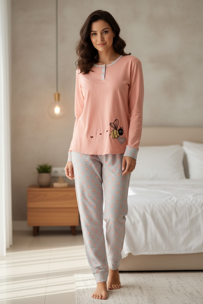 Γυναικεία Πιτζάμα ροδακινί παστέλ με Μέλισσα & Καρδιές