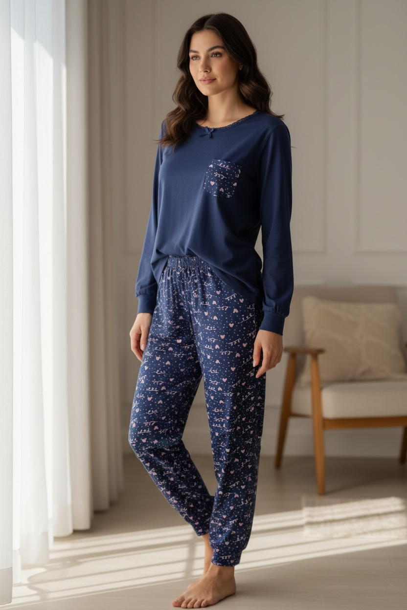 Γυναικεία Πιτζάμα Μπλε με Ροζ & Λευκό Σχέδιο