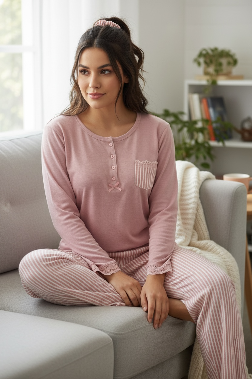 Ροζ Πιτζάμα με Ριγέ Παντελόνι