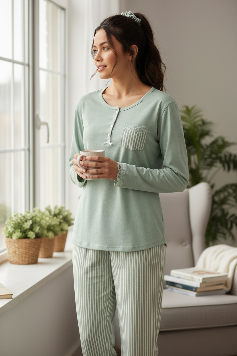 Φιστικί Πιτζάμα με Ριγέ Παντελόνι