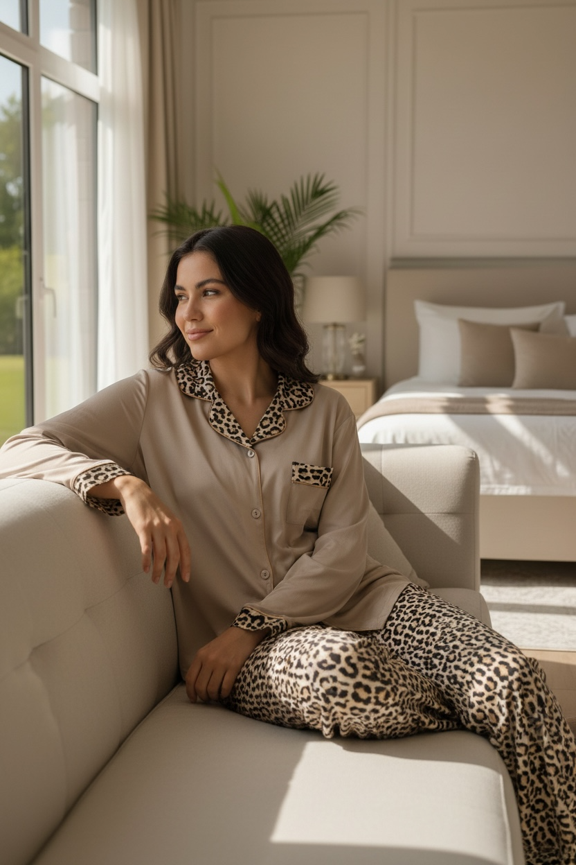 Πιτζάμα Μπεζ με Λεπτομέρειες Leopard
