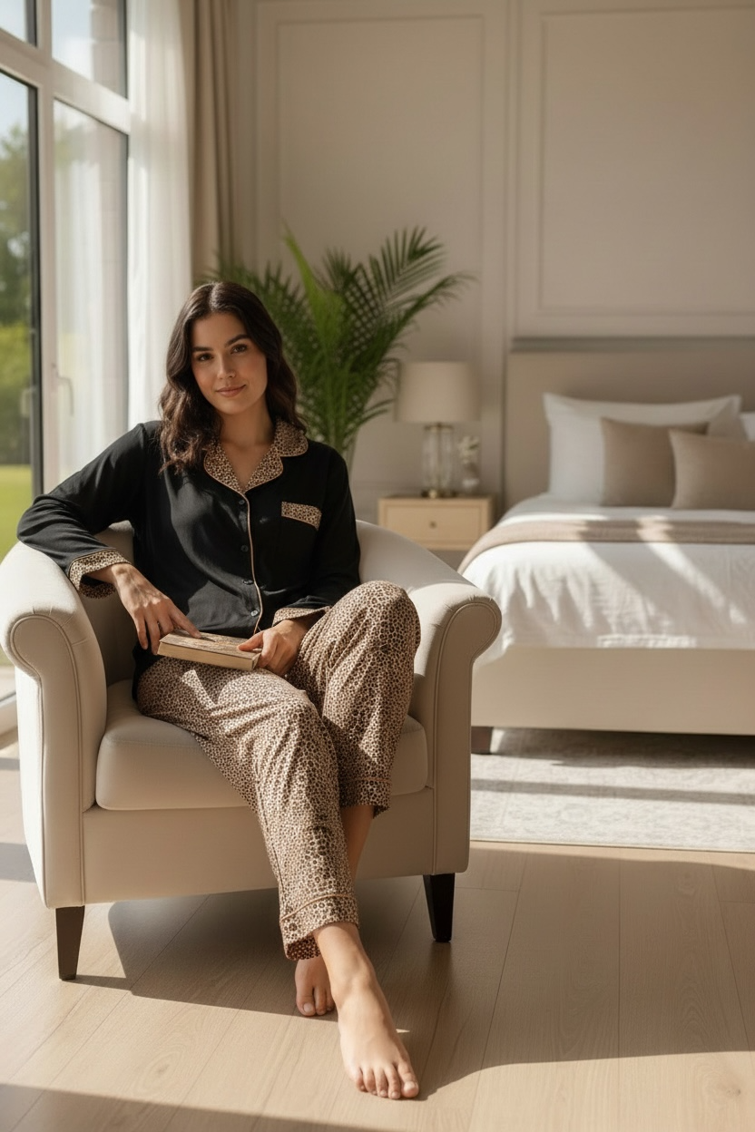 Πιτζάμα Μαύρο με Λεπτομέρειες Leopard