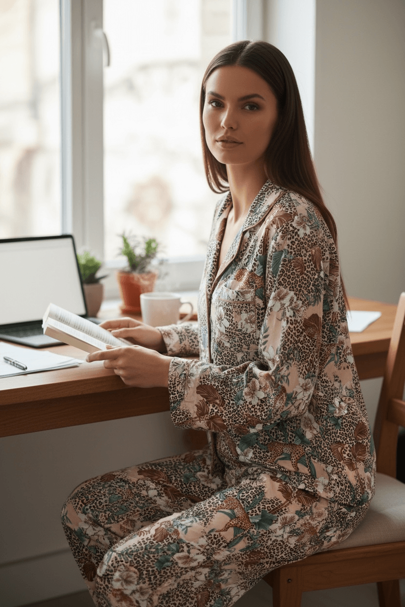 Beige Pajamas with Floral & Leopard Print 