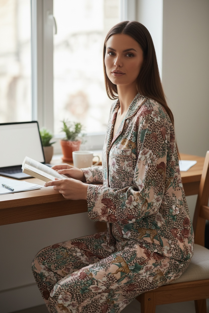 Πιτζάμα Μπεζ με Floral & Leopard Print