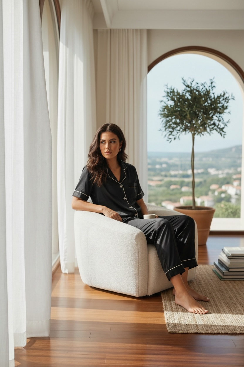 Pink Satin Pajamas with Ivory Details 