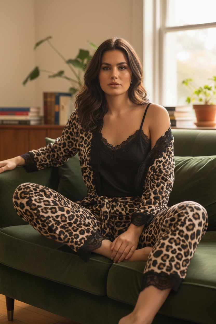 Γυναικείο Σετ Τριών Τεμαχίων με Ρόμπα & Ραντάκι σε Καφέ Λεοπάρ